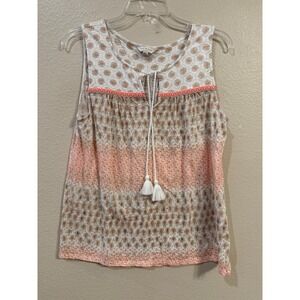 Lucky Brand Womens Medium Orange Mixed Print Boho Tassel Sleeveless Tank Top